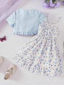 Young Girls Spring/Summer Knitted Hollow Out Cropped Top & Floral Print Sleeveless Dress 2 Pieces Casual Set - Blue - View 4