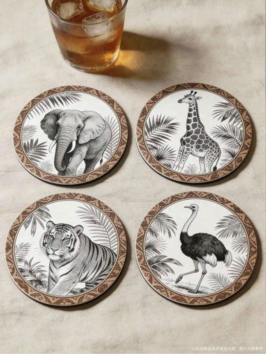 4/1 pieza Posavasos de madera vintage con motivos de fauna de la selva, con patrones de elefante, jirafa, tigre y avestruz, adecuados para decoración del hogar, suministros para fiestas y vacaciones. - Multicolor - Ver 1