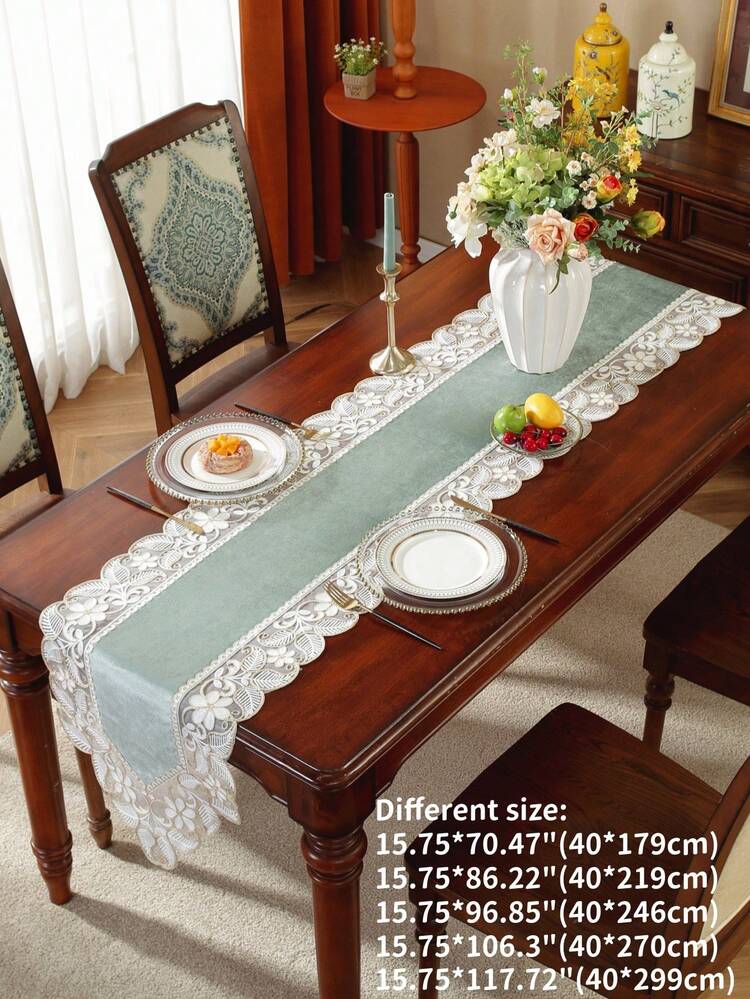 100% Polyester Vintage Luxury Rectangular Table Runner Soft Base, Overlay Sheer Mesh Full Floral Leaf Embroidery All-Around Hollow Lace Trim, Dual-Layer Table Scarf For Bridal Breakfast Table Rustic Cottage Kitchen Decor - Green - View 15