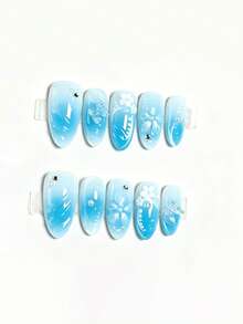 30 miếng miếng dán móng tay gel 3D hình oval dài phong cách kỳ nghỉ đảo mùa hè, gradient xanh, có hoa, đá quý, ngọc trai, bướm, bao gồm 1 miếng gel thạch và 1 miếng dũa móng tay phù hợp cho cuộc sống hàng ngày của phụ nữ/con gái, nghệ thuật làm móng, mùa tốt nghiệp, ngày lễ, du lịch - Nhiều màu - Xem 3