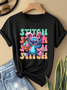 Disney Officially Licensed 100% Cotton T-Shirt, Unisex Short-Sleeve T-Shirt, Officially Licensed Disney Women's Easter Stitch Pattern Short-Sleeve Round-Neck Casual Top, Suitable For Spring And Summer, Made Of Soft And Breathable Fabric, Perfect For Themed Events And Everyday Wear. - 黑色 - 查看 1