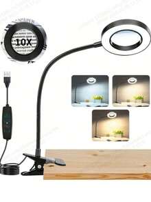 10X Lámpara de aumento con abrazadera, 48 LED Lámpara de escritorio con clip con 3 modos de iluminación y 10 niveles de atenuación, alimentada por USB de 5V, brazo flexible de 360°, adecuada para trabajos de cerca, reparación, lectura, manualidades y uso en oficina - Lámpara de mesa con lupa USB 10x - Ver 2