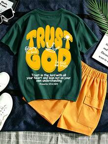 2-Piece Boys Christian Outfit "TRUST GOD" Bible Verse Print Short-Sleeve T-Shirt + Yellow Workwear Shorts Set, Summer Casual Wear Tween Boy Outfit - Dark Green - View 2