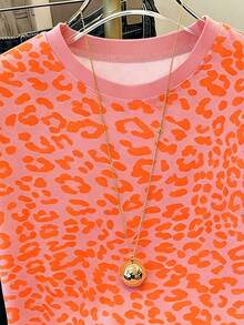 Women's Neon Orange Leopard Print Summer Casual Round Neck Short Sleeve Simple T-Shirt - Multicolor - View 5