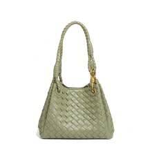 Bolso de mujer de cuero genuino tejido a mano BV Bottega Bang Bang de Andiamo Clutch Campana, bolso tipo cubo retro único con diseño de cuadros tejidos, bolso de mano versátil de estilo británico y lujo ligero, bolso de gran capacidad para mujer. - Verde matcha - Talla pequeña [Incluye bolsita y correa para el hombro] - Ver 2