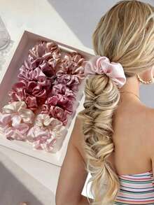 Bộ 16 chiếc dây buộc tóc nữ màu hồng, độ co giãn cao, chất liệu satin mềm mại, phụ kiện tóc đa năng và giản dị, dùng để giữ tóc đuôi ngựa. - Hồng - Xem 8