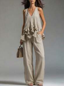 Conjunto de camiseta de tirantes con volantes + pantalones - Caqui - Ver 4