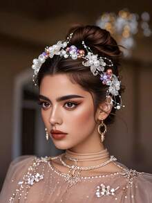 1pc Red Women's Headpiece, Luxury Faux Pearl & Rhinestone Headband, Bridal Headpiece, Wedding Party Hair Accessory, Wedding Decor, Women's Accessory, Spring/Summer Hair Accessory - Red - View 10
