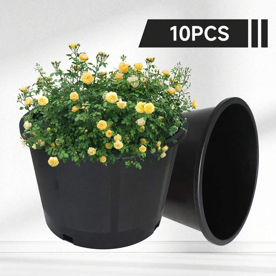 Plastic Flower Pot Seedling Pot Gardening Flower Pot With Drainage Holes Can Be Used For Planting, Cuttings, Seedlings, Succulent Cultivation, Seed Germination, Suitable For Patio Lawn Garden Indoor And Outdoor Reusable 7-Gallon 10PCS Black Round - 黑色 - 查看 1