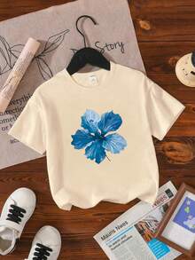 Blue Flower Print Design Printed T-Shirt For Children - Apricot - View 6