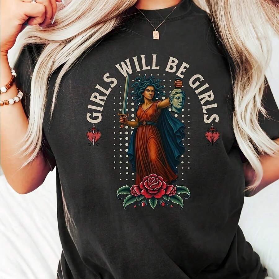 Girls Will Be Girls Shirt, Medusa With The Head Of Perseus Tee, Wo's Empowert Shirt, Femini Shirt, Gift For Her, Cotton 220g heavyweight 100% cotton T-shirt. Butterfly print. Unisex sizing. Round neck inspirational T-shirt. Cute and beautiful Y2K-inspired summer top, perfect for the outdoors, home, work, or street wear. Casual, loose-fitting everyday T-shirt. - Negro - Ver 1