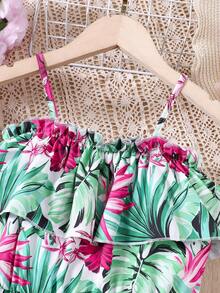 Tween Girl Summer Floral Printed Ruffle Hem Spaghetti Strap Casual Dress - Green - View 3