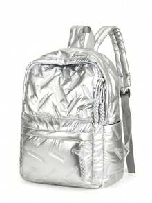 Classic University Style Backpack, Solid Color & Rhombus Pattern Design, Large Capacity Multi-Pocket, Suitable For School, Travel And Vacation - Silver - View 4