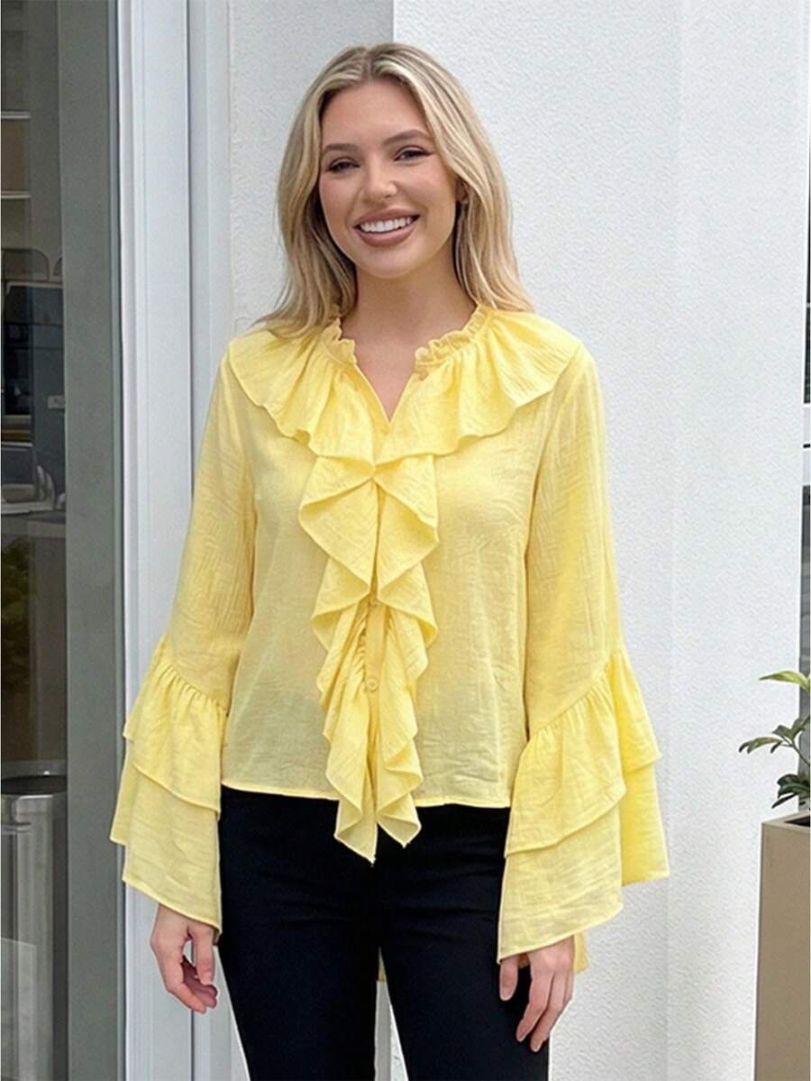 Women Ruffle Sheer Blouse Casual Loose V Neck Long Sleeve Shirts For Spring Summer Streetwear - Yellow - View 1