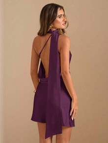 Vestido mini de satén elegante con hombros asimétricos y espalda descubierta en unicolor amarillo crema, vestido mini elegante con estampado, vestido mini sexy con espalda descubierta, vestido mini de satén amarillo con espalda descubierta, vestido de satén elegante con espalda descubierta para invitada de boda, vestido largo de dama de honor de satén, vestido mini elegante para cóctel - Morado - Ver 2