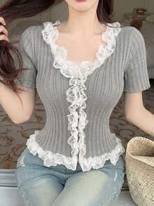 New Design Lace Patchwork Cropped Top, Unique Sweet & Spicy Style, Flattering Fit, Short Sleeve Cardigan For Spring/Summer - Gray - View 2