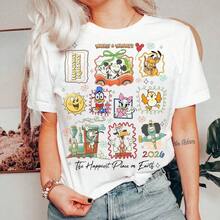 Disney Women's T-Shirt  1PC Licensed "Vintage Doodle‑Style Mickey & Friends Runaway Railway 2026 Patchwork Stamp Print" Cartoon Printed Oversized T‑Shirt, Short Sleeve Tee For Disney Travel, Vacations & Theme Parks. 2026 New Style, Ideal For Family Outings & Matching Outfits, Unisex For All Ages. High‑Quality Cotton Fabric, Soft & Breathable. Cute Coquette‑Style Stamp‑Shaped Frames With Park‑Ride Character Scenes, Perfect Gift For 2026 Disney Family Vacation Trips. - White - View 1