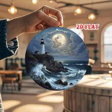 2D Flat - Round Metal Sign, Depicting A Lighthouse Under A Full Moon By The Sea, Vintage Country Style Design, Perfect For Vintage Home Decor - Multicolor - View 3