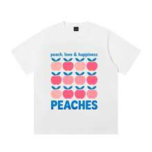 Women's T-Shirt, Peach Pattern With Blue Leaves, Short-Sleeved Crew Neck Sweater, Casual, Suitable For Spring And Summer - White - View 3