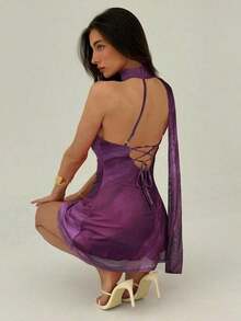 Vestido corto sin mangas con estampado de teñido anudado para mujer - Burdeos 2 - Ver 2