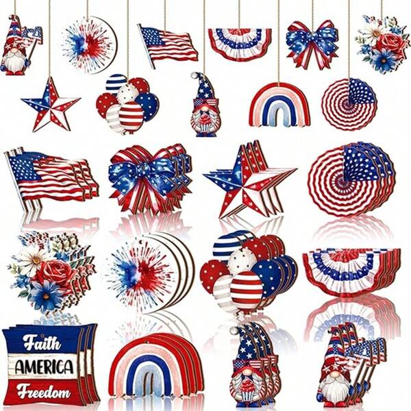 12/24/36pcs July 4th Patriotic Wooden American Flag Tree Decorations, Memorial Day Tree Ornaments, Red White And Blue Hanging Decor For Independence Day Party, Reusable For Next Gathering, Ideal Size Design, Choose Suitable Hanging Position