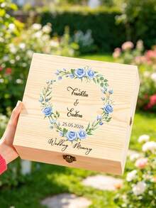 1pc Custom Wedding Memory Box, Personalized Couple Name & Date Wooden Keepsake Box With Floral Wreath Design, Ideal For Storing Wedding Cards - Multicolor - View 17