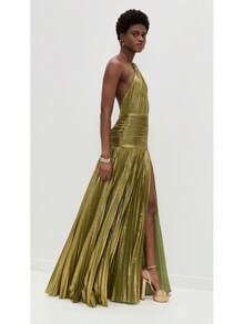 Women's Gold Halter Backless Party Long Dress With Slit Elegant & Sexy Sleeveless Prom Gown - 金色 - 查看 7