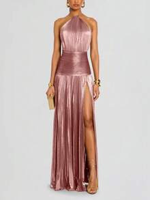 Metallic Color Pleated Split Tie Halter Dress Sleeveless Backless Glittery Women Dress For Wedding Party Graduation Shiny Streamer Metal Tone Ruched Dress Open Back Lace-Up Split Hem Halter Gown For Ceremony Banquet - 粉紅色 - 查看 3