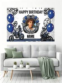 可定制姓名及照片的越野摩托车锦标赛生日快乐背景幕布，黑白旗帜气球设计，适用于比赛、生日派对、墙面装饰、摄影、乙烯基横幅道具 - 黑色 - 查看 6