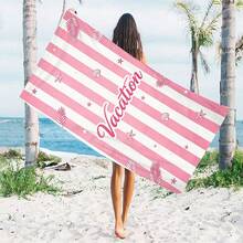 1pc Oversized Soft Pink & White Vertical Stripe Design With Starfish, Shell & Palm Leaf Elements, Romantic Vacation Slogan Lettering, Atmospheric - A01 - View 7