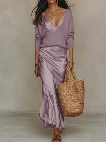 Women's Apricot Two-Piece Co-Ord Set, Deep V Knit Sweater & Satin Slip Dress, Casual Elegant Outfit For Daily, Home & Leisure - 紫色套裝 - 查看 12