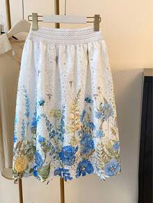 High-Waisted Elastic Skirt With Embroidered Lace And Water-Soluble Print - 藍色 - 查看 2