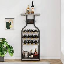Rustic Freestanding Metal Wine Rack Table – Multi-Functional Bottle & Glass Holder Stand With Wood Countertop, Storage Shelves – Perfect For Home, Kitchen, Dining, Living Room – Compact Design - Grey - View 7