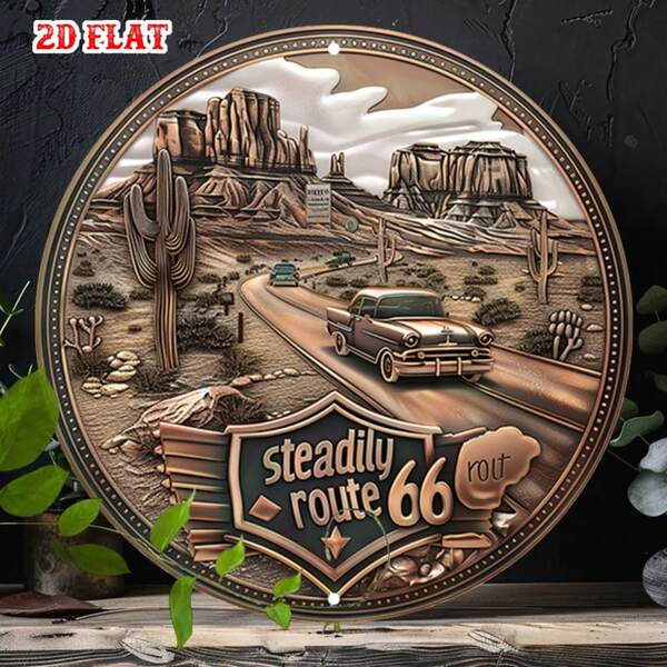 2D Flat Vintage Desert Road Round Sign - Classic Car And Cactus Wall Decor, Rustic Southwestern Landscape Plaque, Suitable For Home, Cafe, Bar, Garden - Indoor/Outdoor Decoration, Great For Room, Bar Decoration | Retro Sign |