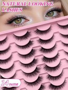 ENCHUW 14 Pairs Clear Band Thick Natural Curly Lightweight Short 3D False Eyelashes - 黑色 - 查看 1
