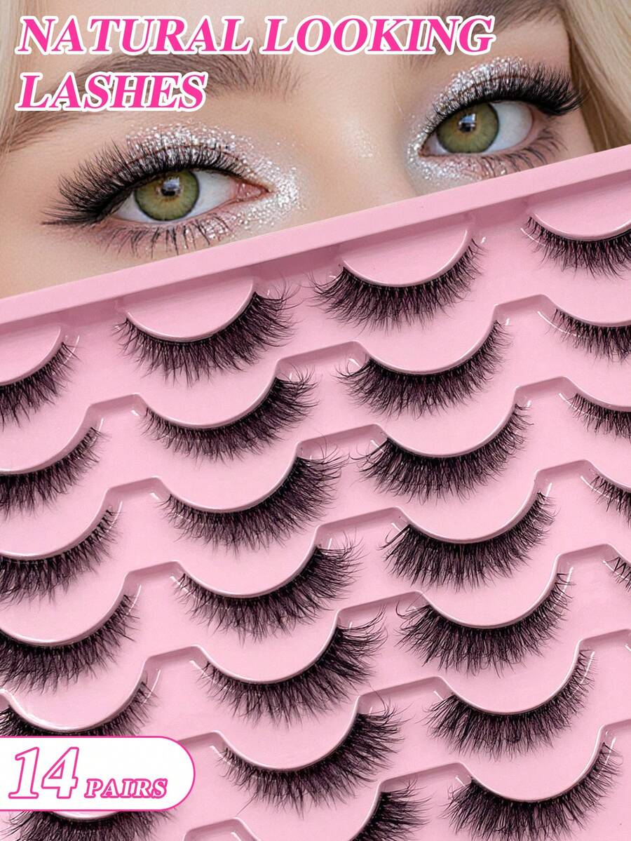 ENCHUW 14 Pairs Clear Band Thick Natural Curly Lightweight Short 3D False Eyelashes - 黑色 - 查看 1