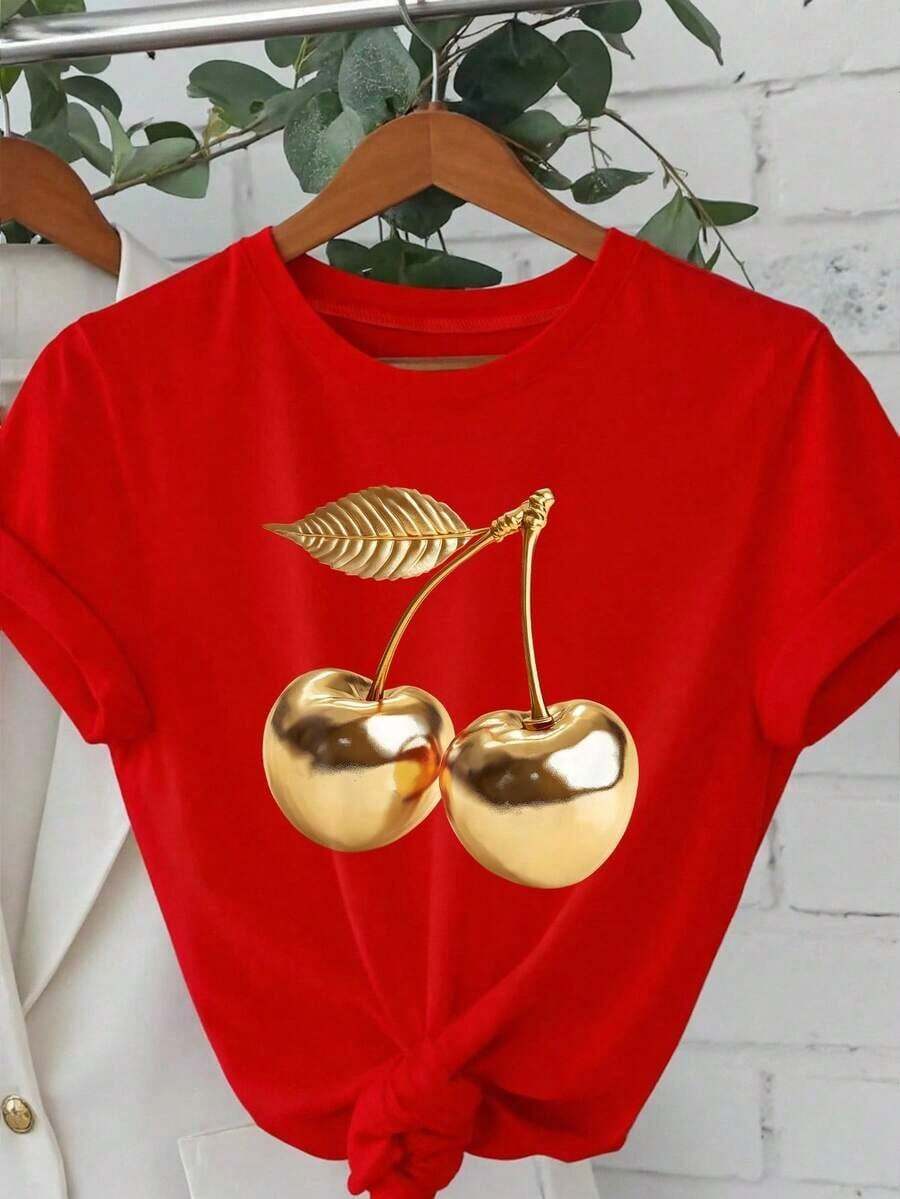 Women's Cherry Print Short Sleeve T-Shirt, Ideal For Holidays, Spring And Resort Wear - Vintage Street Style Unisex Cotton Short Sleeve Crew Neck T-Shirt - 紅色的 - 查看 1