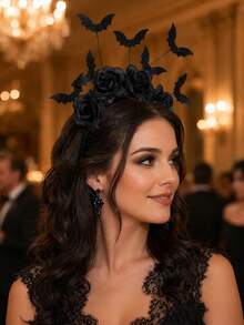 Halloween Black Rose&Bat Headband, Gothic Style Witch Headband With Black Flower, Black Gothic Demon Headpiece, Suitable For Halloween Party Headpiece, Halloween Cosplay Costumes, Themed Party Headwear, Haunted House Costumes, Holiday Photo Styling - View 3