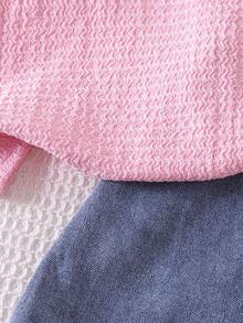 2pcs Girls Casual Colorblock Lapel Sleeveless Top & Bow Denim Skirt Shorts Set, Summer - Pink - View 7