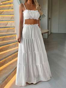 Bộ đồ hai mảnh màu trắng mùa hè dáng casual của Vellofy dành cho nữ, áo croptop hai dây xếp ly kết hợp với chân váy dài nhiều lớp, thích hợp cho kỳ nghỉ biển thanh lịch. - trắng - Xem 11
