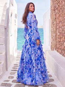 Faeriesty Elegant Chiffon Maxi Dress, Romantic Floral Print, Ruffle Hem And Bishop Sleeves, Suitable For Parties And Formal Occasions - Blue - View 2