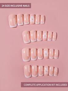 24pcs Square White Floral Acrylic Press-On Nails Set, Includes 1pc Jelly Gel And 1pc Nail File - Multicolor - View 2