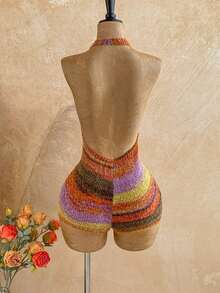 - Mono de punto con cuello halter sexy y escote en V profundo con efecto tie-dye para mujer - Naranja - Ver 2