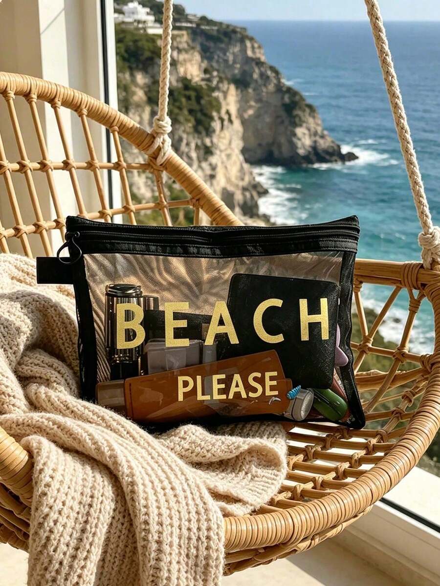这款印有“Beach_please”字样的沙滩网眼化妆包，可收纳口红和气垫粉扑，是一款充满海岸风情的洗漱包，透明大容量，是旅行化妆品的理想之选。夏威夷风情网眼化妆包，非常适合海滩度假、购物，也是假日、健身、母亲节、情人节、教师节、女性旅行、短途旅行等场合的必备佳品。 - 彩色 - 查看 1