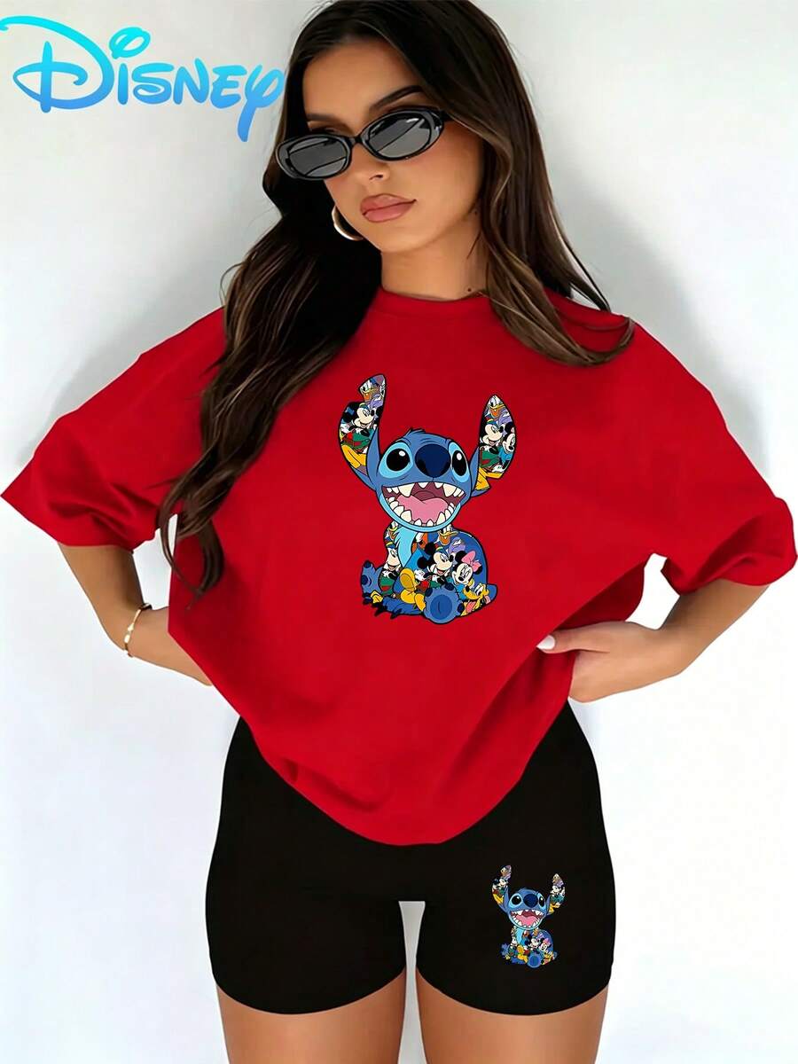 Lilo & Stitch "Stitch With Disney Friends" T-Shirt & Biker Shorts Setwomen's Casual T-Shirt And Yoga Pants Set, Perfect For Summer Travel And Relaxing At Home. Disney Licensed Stylish, Soft, And Comfortable Sportswear Set. - 紅色 - 查看 1
