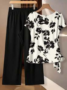 Clasi Conjunto de 2 piezas de camisa de manga corta holgada con lazo y pantalones rectos holgados, de estilo vintage elegante y versátil, con estampado floral azul sobre base blanca, adecuado para otoño/invierno, cómodo y cálido - Multicolor 2 - Ver 5