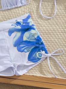 Conjunto de bikini de 3 piezas/set: Top halter casual y sexy con cubierta de malla floral transparente, Bottom de traje de baño con lazos laterales, tela con estiramiento moderado, adecuado para vacaciones, playa, actividades en la piscina, fiestas en la playa, vacaciones de verano - Multicolor 3 - Ver 4