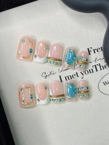 10pcs Y2K Nails Square Press On Nails Set - Handcrafted, Pink Nails, Gold Nails, White French Tip Nails, Handmade 3D Gold Ring And Blue Rhinestone Ring Design, 3D Jewelry Nails Art, Hand Drawn Blue Cat's Eye And Gold Pattern Design - Multicolor - View 1