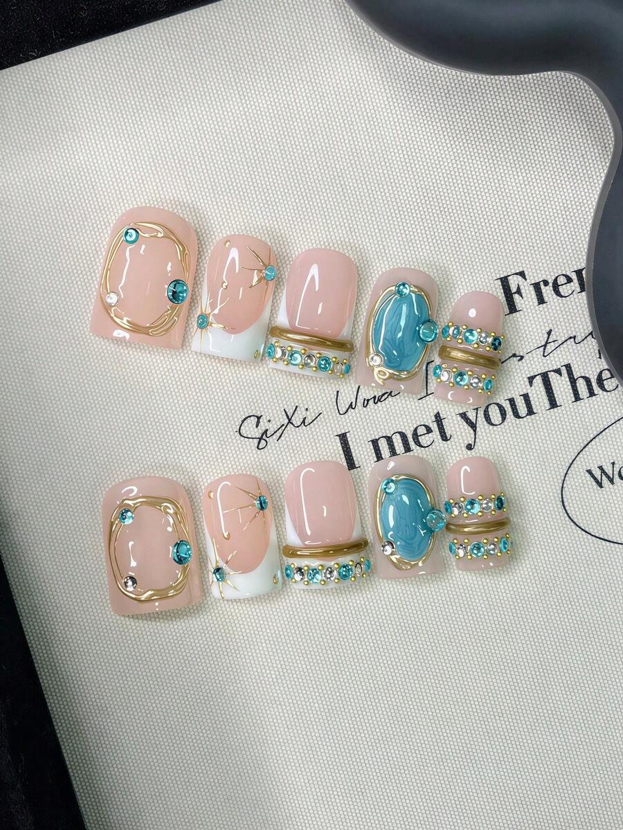 10pcs Y2K Nails Square Press On Nails Set - Handcrafted, Pink Nails, Gold Nails, White French Tip Nails, Handmade 3D Gold Ring And Blue Rhinestone Ring Design, 3D Jewelry Nails Art, Hand Drawn Blue Cat's Eye And Gold Pattern Design - Multicolor - View 1