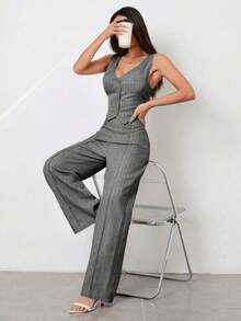 PETITE Conjunto de chaleco sin mangas con cuello abierto y pantalones informales - Gris Claro - Ver 5
